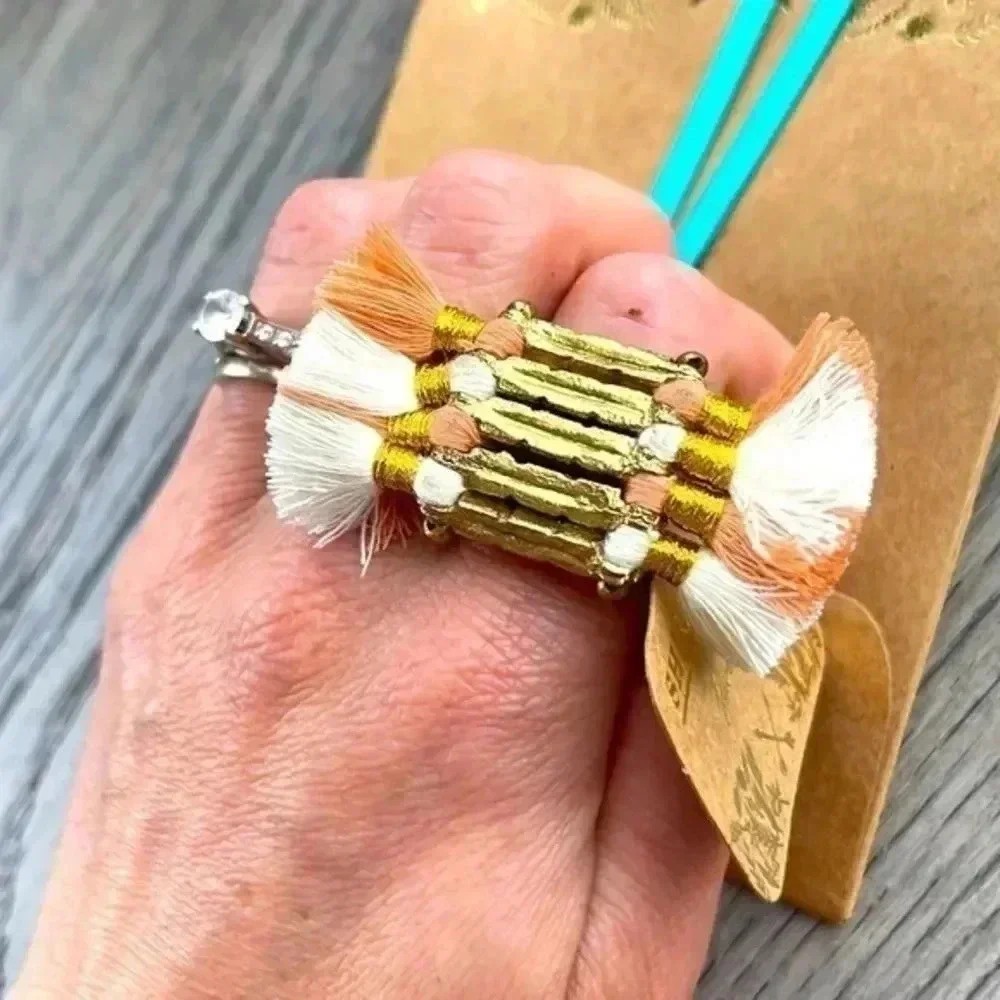 Shiraleah Kiera Brush Ring with Fringe Brush Peach Cream Tassel Gold Tone NWT